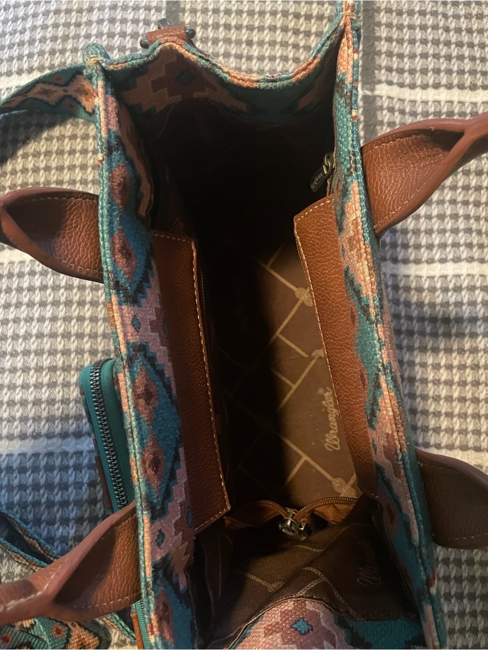 Wrangler Teal and Brown Southwestern Tote with Matching Wallet and Strap - Picture 2 of 2
